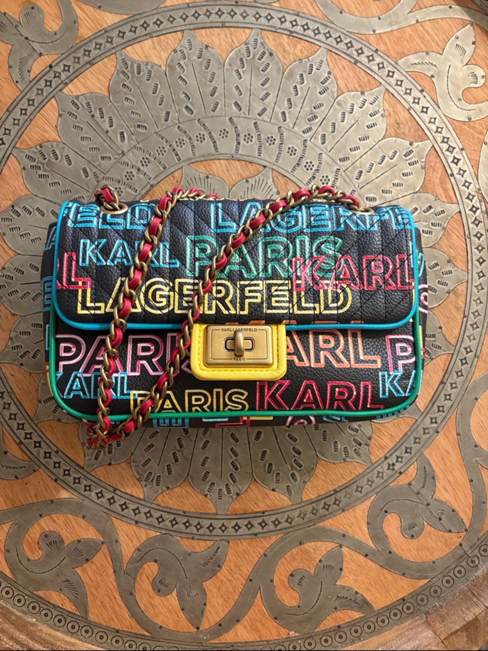 Karl Lagerfeld Black Multicolor Logo Shoulder Bag with Yellow Turnlock